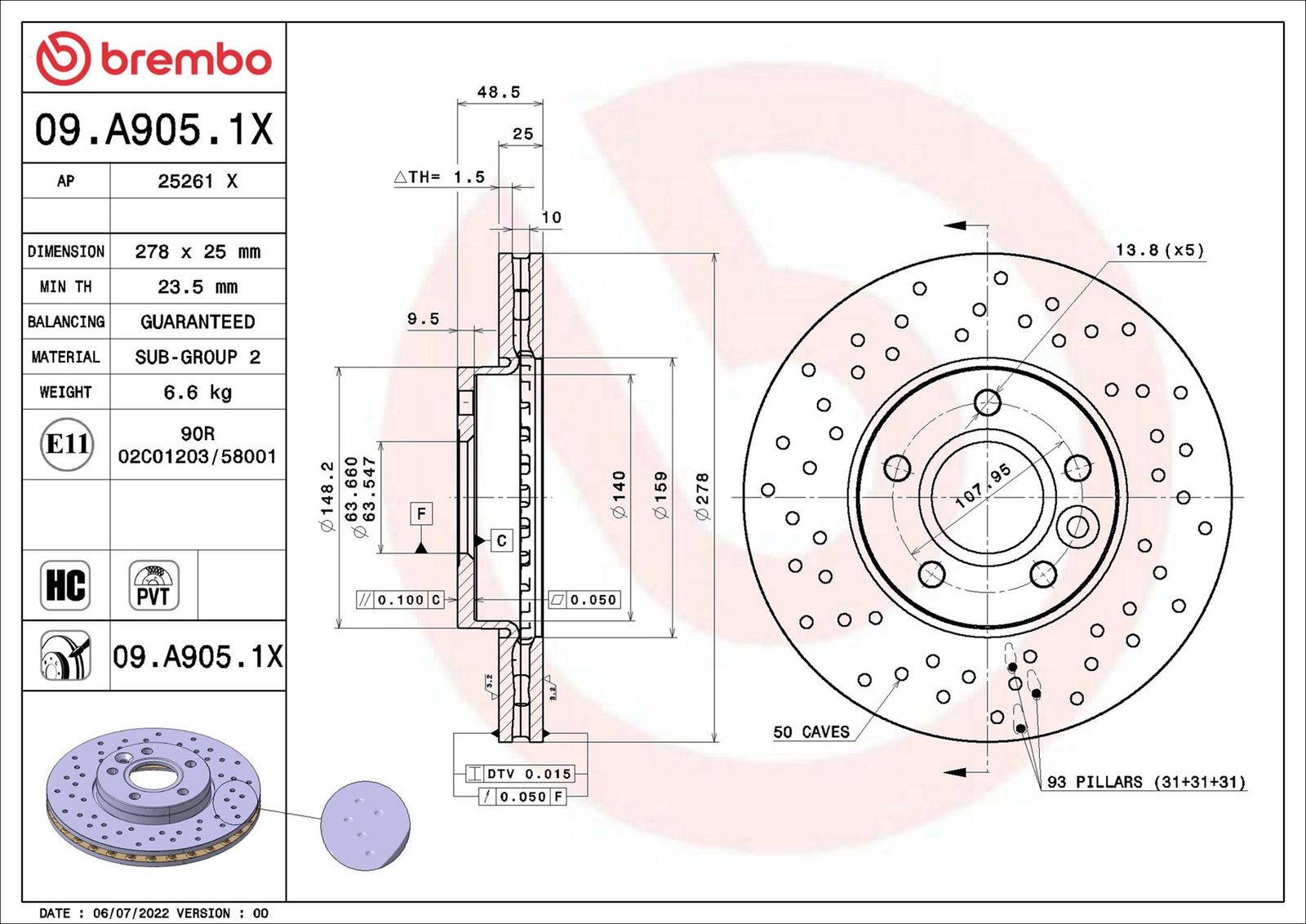 BRE 09.A905.1X Brzdový kotouč BREMBO Xtra - vrtaný 488106