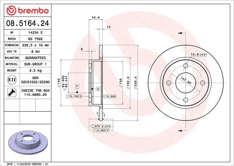 Brzdový kotouč BREMBO 08.5164.24