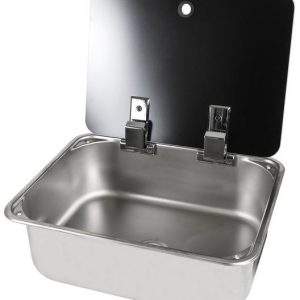 Dřez nerezový se skleněným krytem typ E, 375 × 300 × 121 mm (kompaktní zápustný dřez pro obytné vestavby a karavany) 309432 Dřez nerezový se skleněným krytem typ E, 375 × 300 × 121 mm (kompaktní zápustný dřez pro obytné vestavby a karavany) 309432